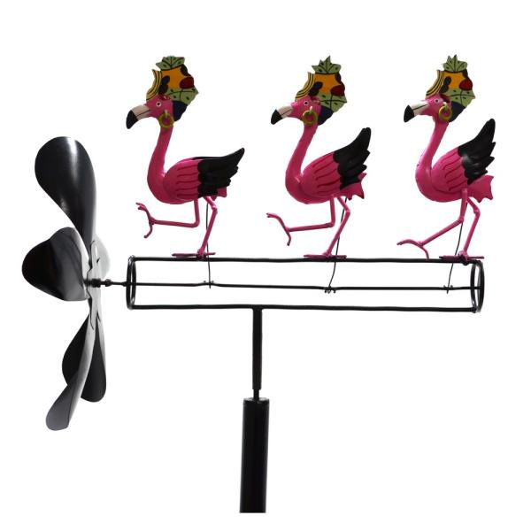 Decorative windmill with pink flamingo figures on a white background